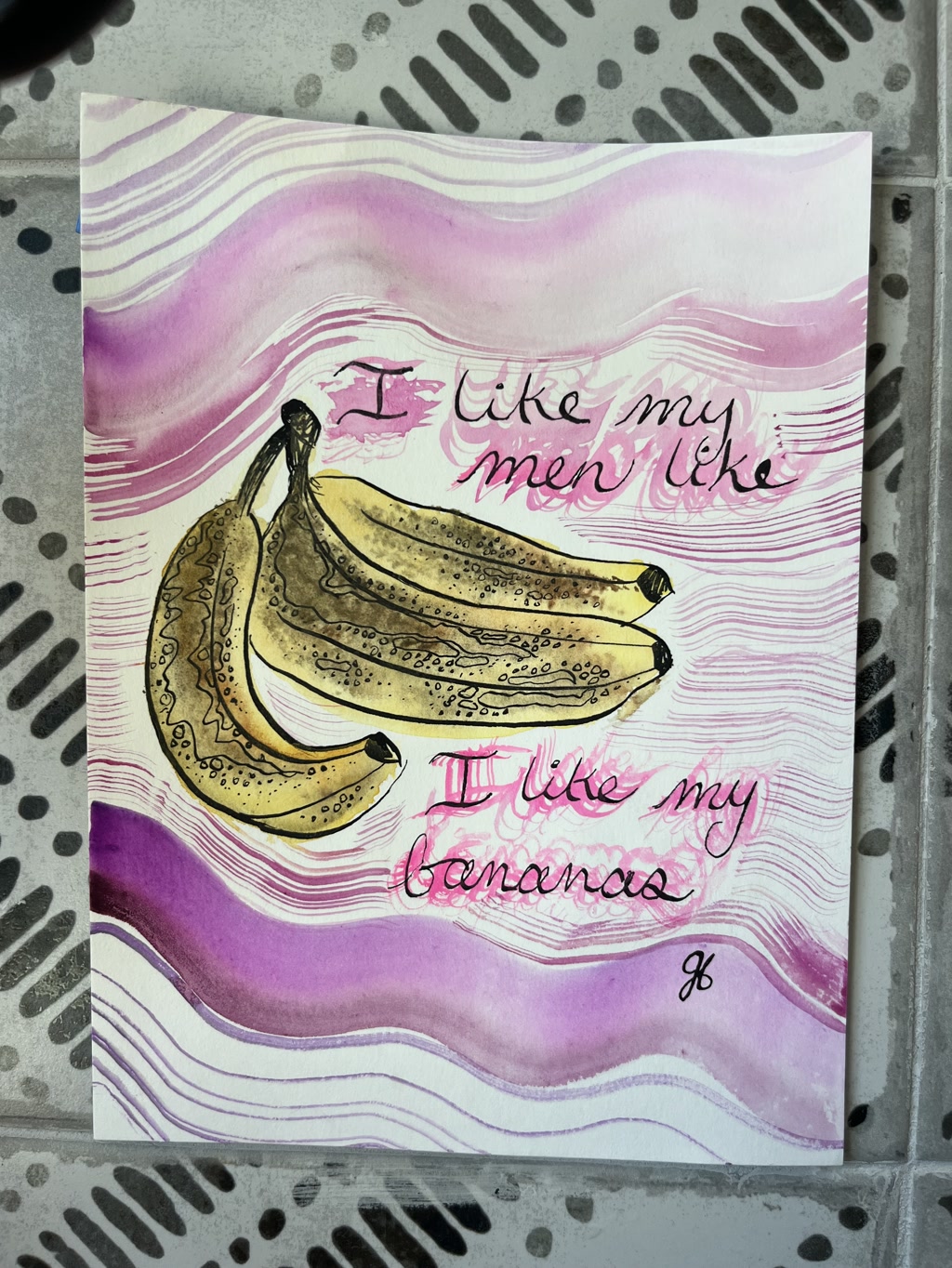 The artwork consists of a series of bananas aligned at an angle against a stylized background. Some bananas appear more ripened with brown spots, while others are yellow, suggesting maturity. The background features wavy lines and shades of purple and pink. Overlaid on the artwork are phrases in cursive writing referring to a preference for men comparable to the ripened state of bananas, specifically indicating a fondness for qualities represented by the browned, mature fruit.