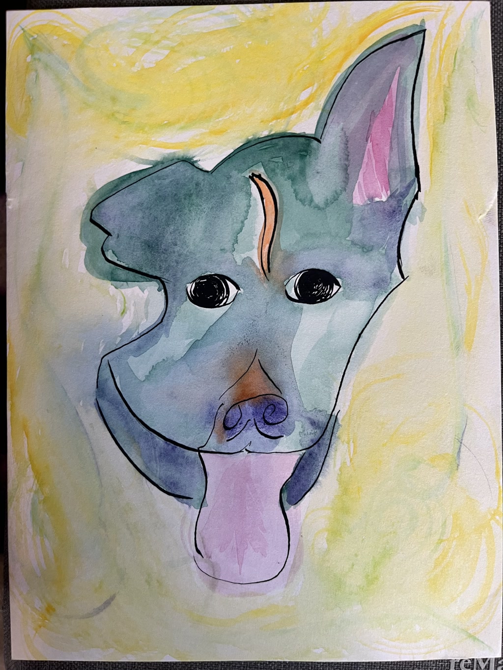 A watercolor painting of a dog with an abstract and fluid style. The dog's fur appears in shades of blue and green, with a hint of pink within one of the ears and a touch of peach on the nose. The background is a mix of soft yellow and pale green brushstrokes, which provide a gentle contrast to the dog's cooler tones. Its large, black, shiny eyes and a distinct pink tongue hanging out add a lively and endearing quality to the piece.