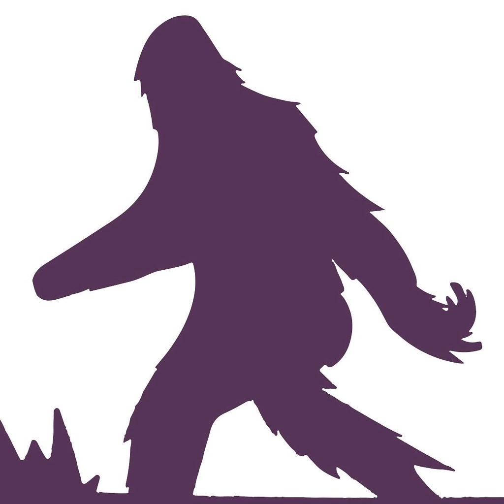 The silhouette depicts a humanoid figure characterized by a prominent, slightly hunched stature with a large frame. It exhibits features commonly associated with the mythological creature known as Sasquatch or Bigfoot, such as long arms and a conical head. Notably, the left arm of the figure appears to be incomplete, suggesting amputation just below the elbow.