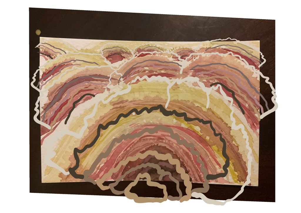 A watercolor painting depicts the intricate details of turkey tail mushrooms. The use of a macro perspective highlights a vibrant array of colors and the natural layering of the mushroom's surface. Shades of yellows, reds, and browns ebb and flow in curving bands that replicates the organic shape of fungi. Line drawings in white overlay the watercolors, accentuating the texture and creating a sense of depth and complexity within the layers of the painting. The artwork is pinned to a dark background, suggesting an exhibition or display-like setting.